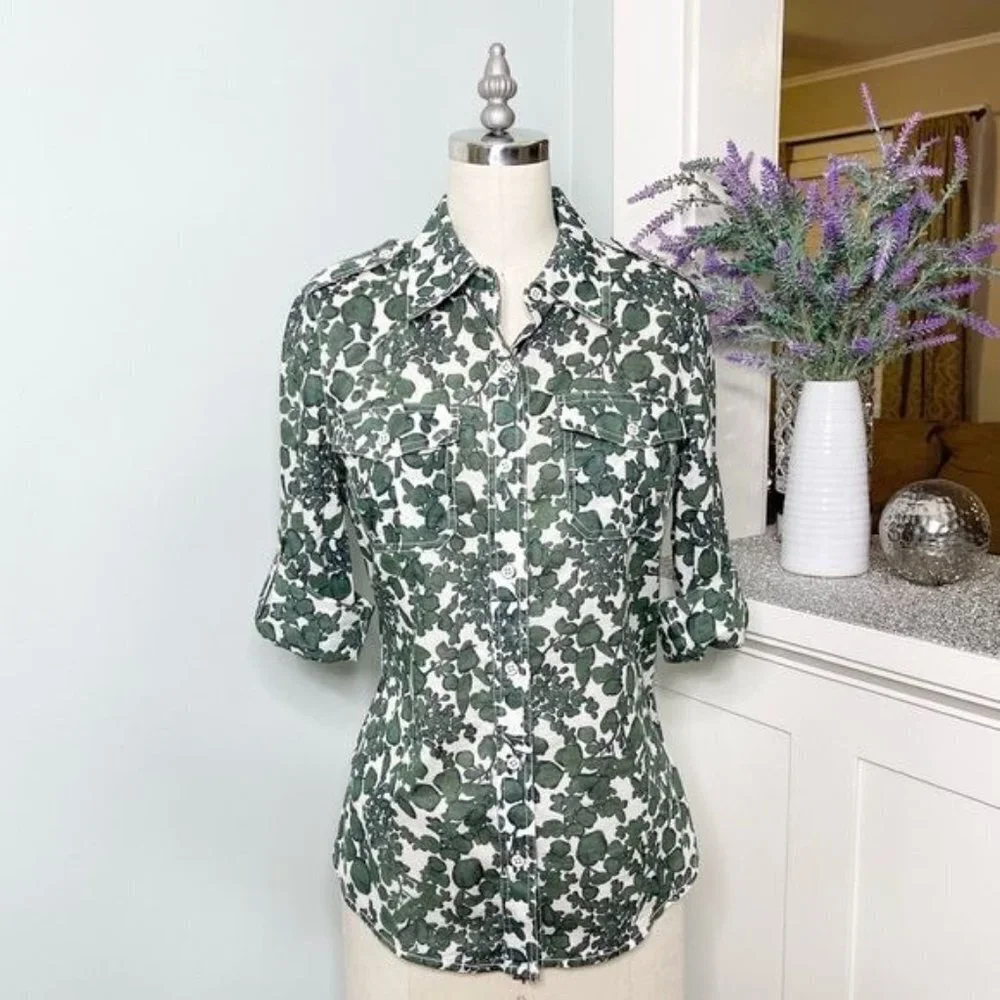 Tory Burch Issy Vine Leaf Print Button Down Shirt Utility Roll Tab 2 XS